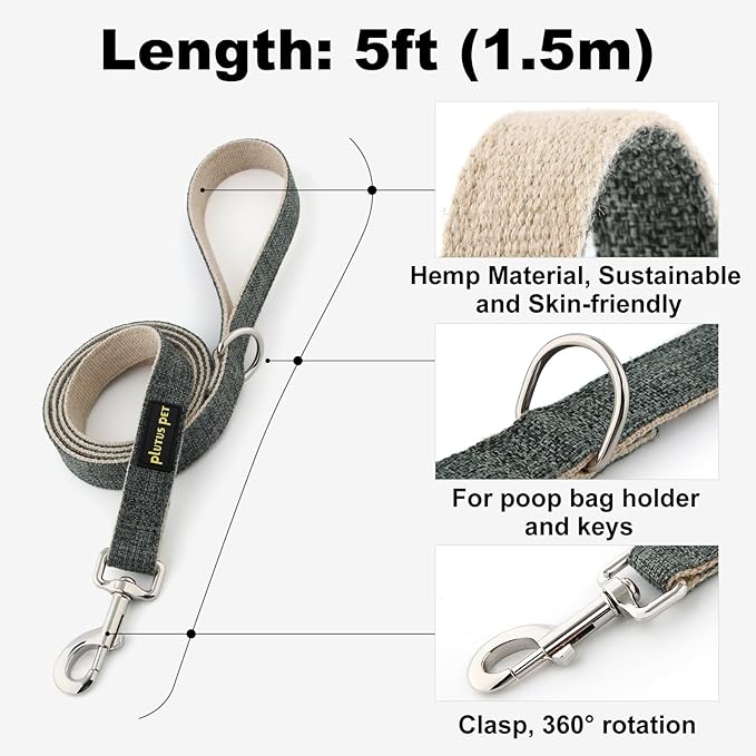 Plutus Pet Cotton Hemp Dog Collar and Leash Set, Adjustable Collar for Small, Medium, and Large Dogs, Heavy Duty and Soft on Skin, Gray, L