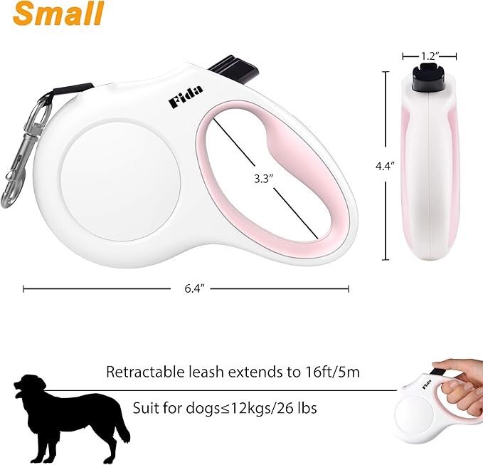 Fida Retractable Dog Leash for Small Breed up to 26 lbs, 16 ft Pet Walking Leash with Dispenser and Poop Bags, Anti-Slip Handle, Reflective Strong Nylon Tape, One-Handed Brake (S, White & Pink)