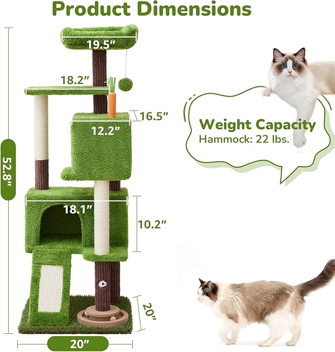 55in Tall Cat Tree Tower with Cat Toys for Indoor Multi-Level Cozy Large Cat Tree with Condo Top Perch and Sisal Scratching Posts, Green Cat Tower for Kitty and Adult Cats