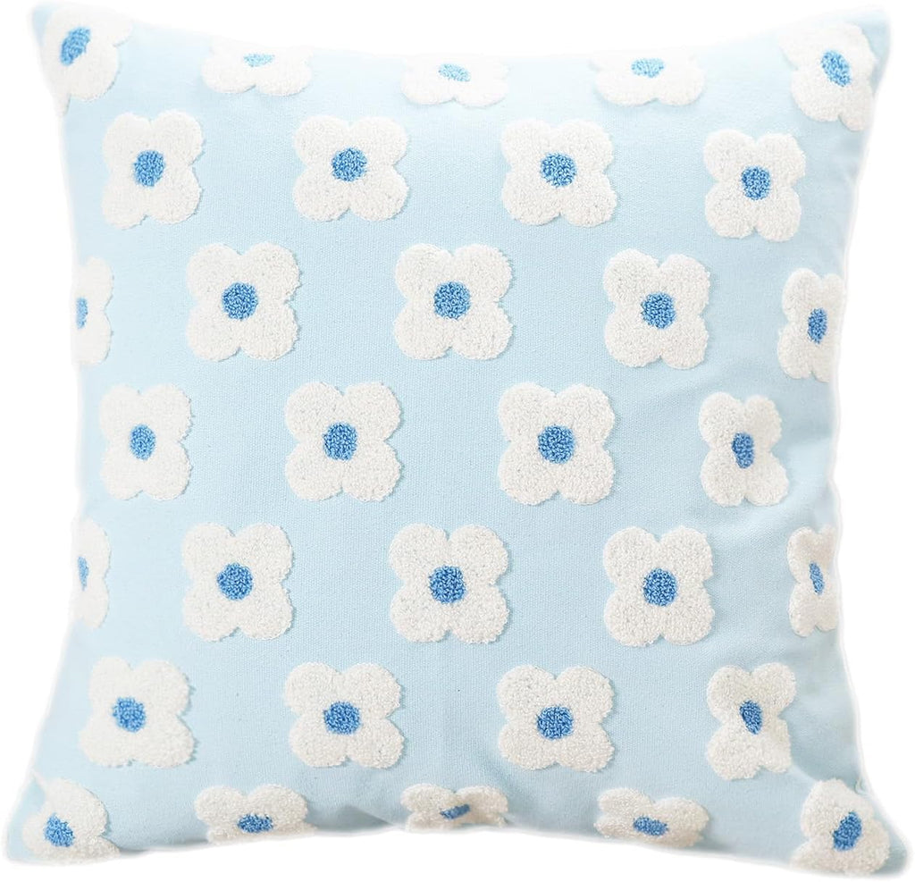 DECOBIRD Embroidery Throw Pillow Cover 20x20 Light Blue Floral Design Home Decor Loop Embroidered Pillow Case Thick Cotton Canvas Square Cushion Cover for Couch 50x50cm, 4 Petal Flowers 1 Piece