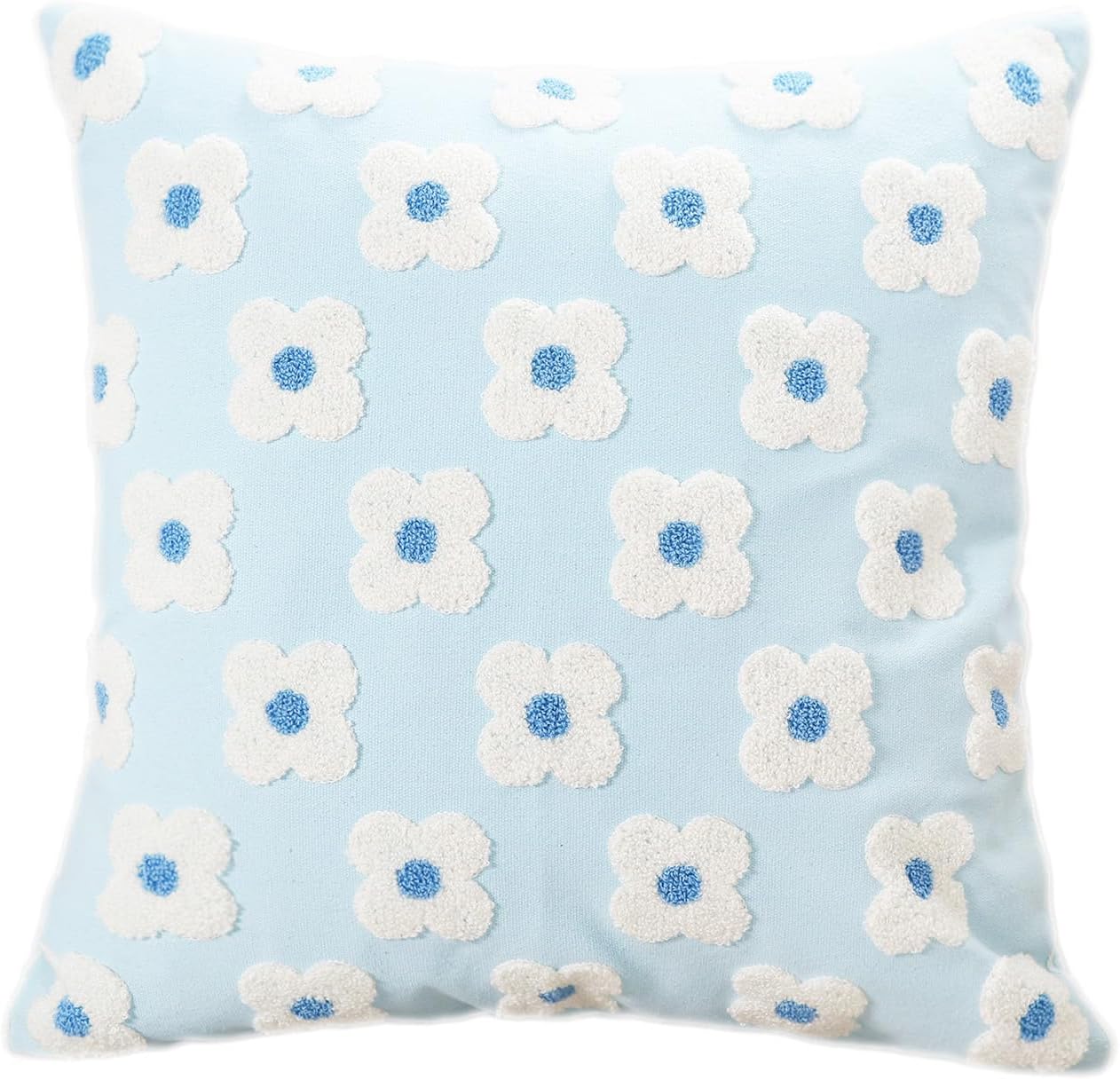 DECOBIRD Embroidery Throw Pillow Cover 20x20 Light Blue Floral Design Home Decor Loop Embroidered Pillow Case Thick Cotton Canvas Square Cushion Cover for Couch 50x50cm, 4 Petal Flowers 1 Piece