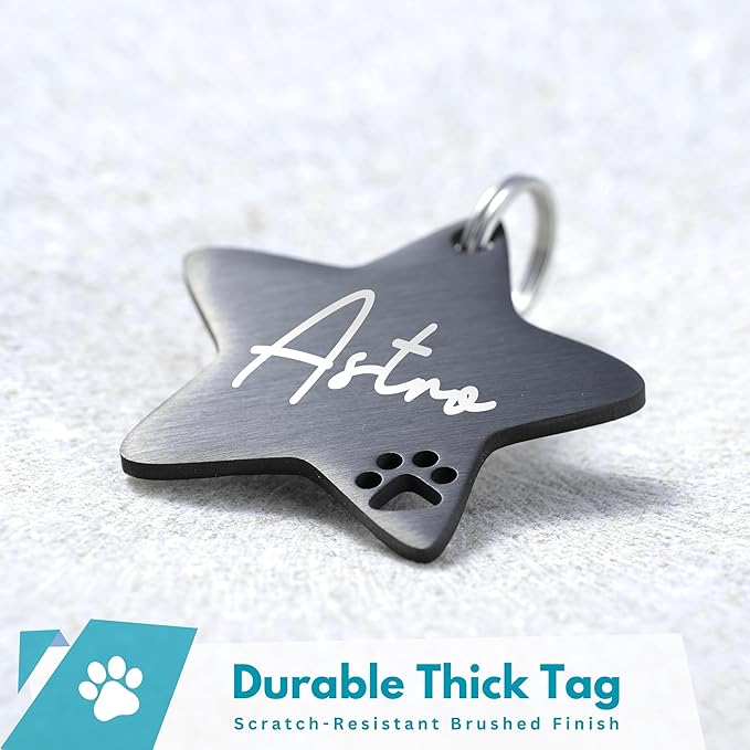 Ultra Joys Dog Tags Personalized for Pets - Hollow Paw Custom Pet ID Tag - Engraved Dog Tag for Small, Large Dogs - Large Star in Black
