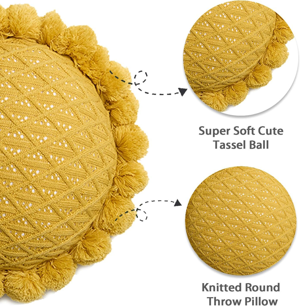 Acrylic Knitted Round Throw Pillow Knitting Bohemian Circular Cushion Pillow with Knit Handmade Pompoms Decorative Ginger Yellow, Diameter 18inches