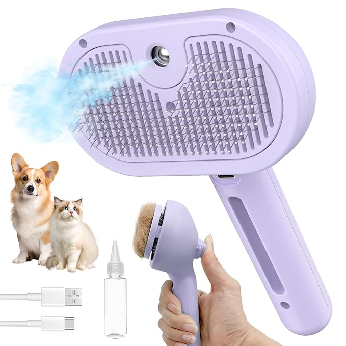 Dog Brush for Shedding, 3 in 1 Self Cleaning Steam Dog Brush - Anti-Static,Cat Steam Brush Removal Comb with Release Button, Grooming Tool for Long and Short Hair Pets, Purple