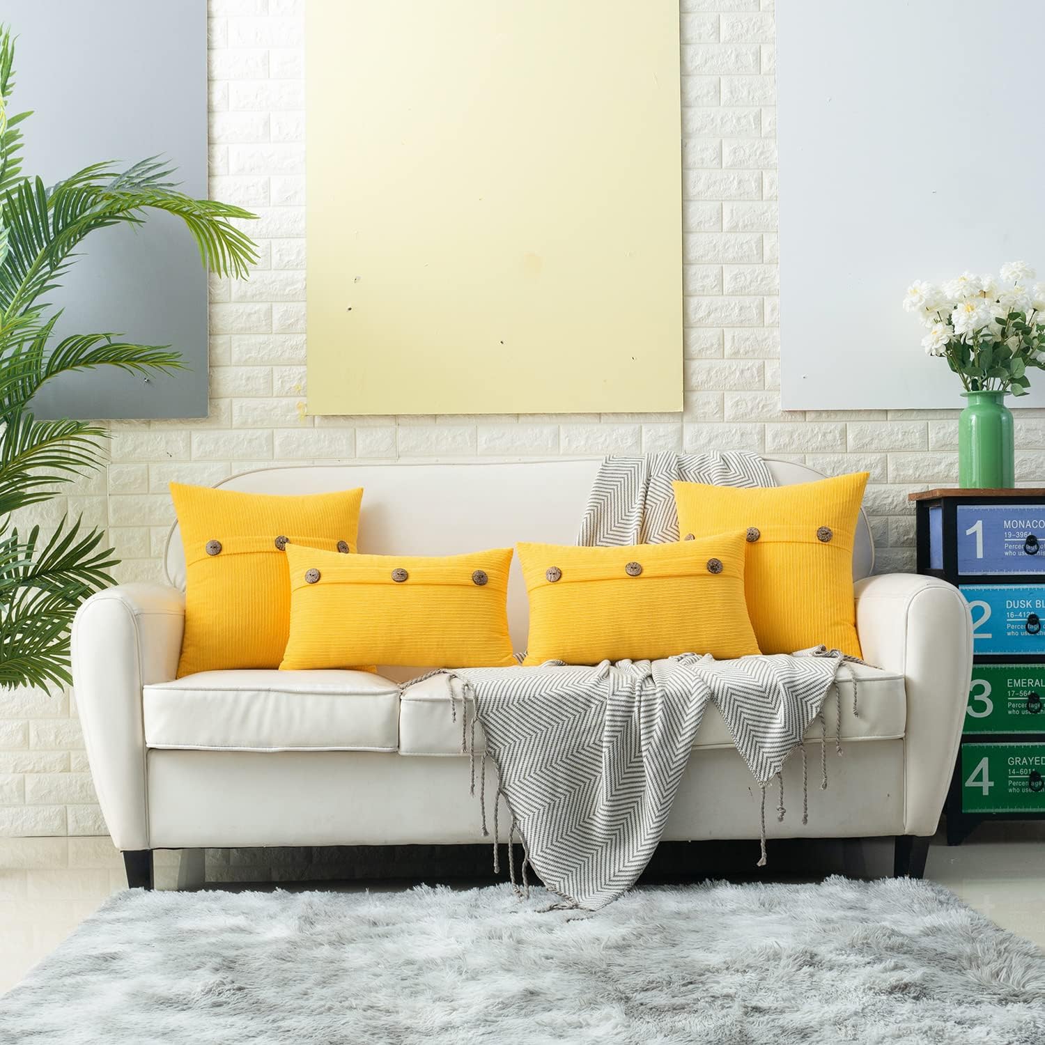 HWY 50 Yellow Chenille Throw Pillow Covers 22x22 Inch with Triple Buttons, Soft Farmhouse Accent Decorative Cushion Cases for Couch Sofa Bed Living Room Pack of 2