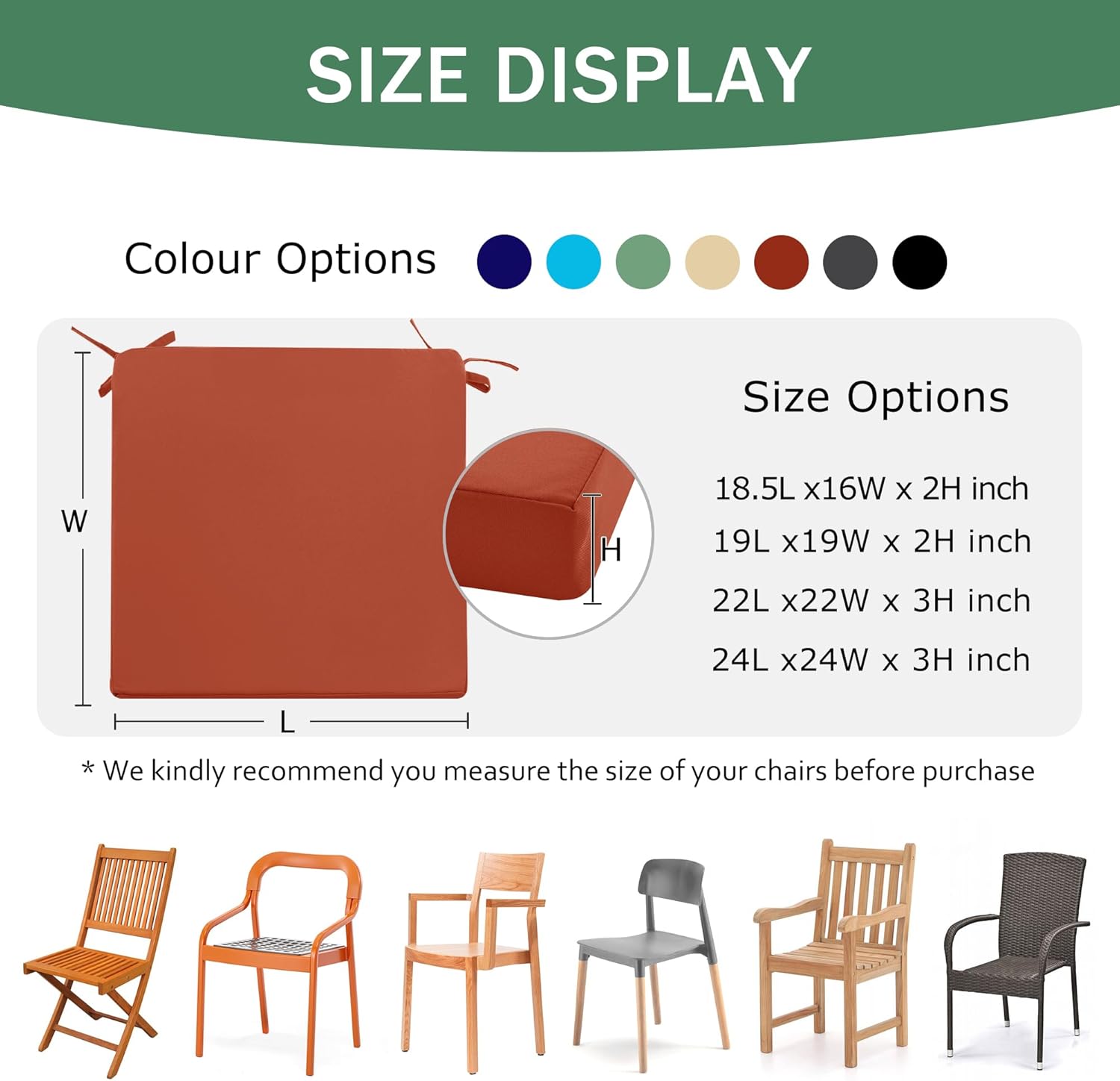 Outdoor Chair Cushions Set of 2: Waterproof & Fade Resistant Deep Seat Cushion for Patio Furniture - 24 x 24 x 3 Inch Chair Pads with Ties and Hidden Zipper - Patio Chair Cushion Replacement, Rust