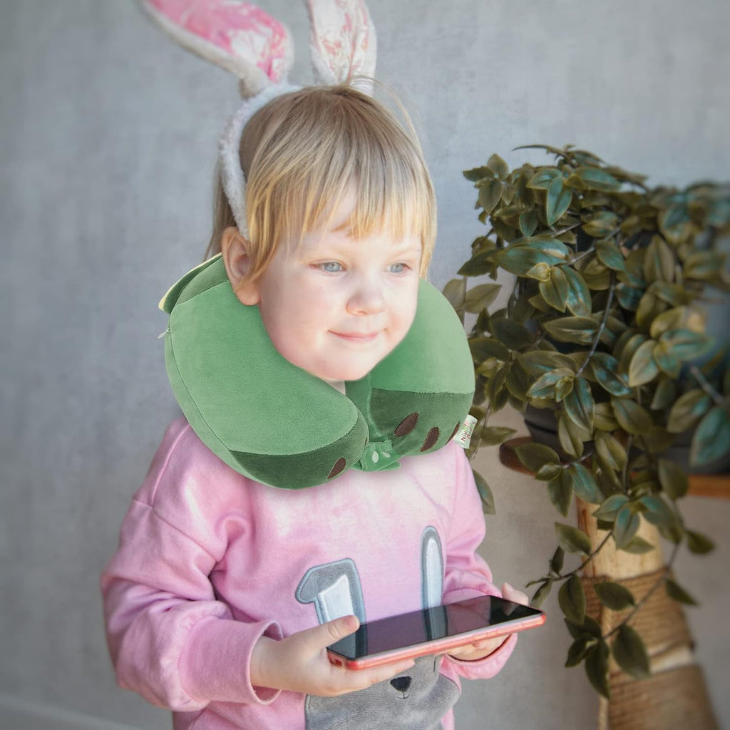 Niuniu Daddy Kids Travel Pillow - Soft Memory Foam Neck Pillow for Airplane, Car, Train Travel - Green Dinosaur Design for Boys & Girls (9-12 Years)