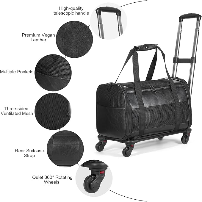 Airline Approved Pet Carrier with Wheels, Rolling Soft Sided Dog Cat Travel Bag, Premium Fashion Leather Small Pet Carrier Purse for Puppies and Cats Black