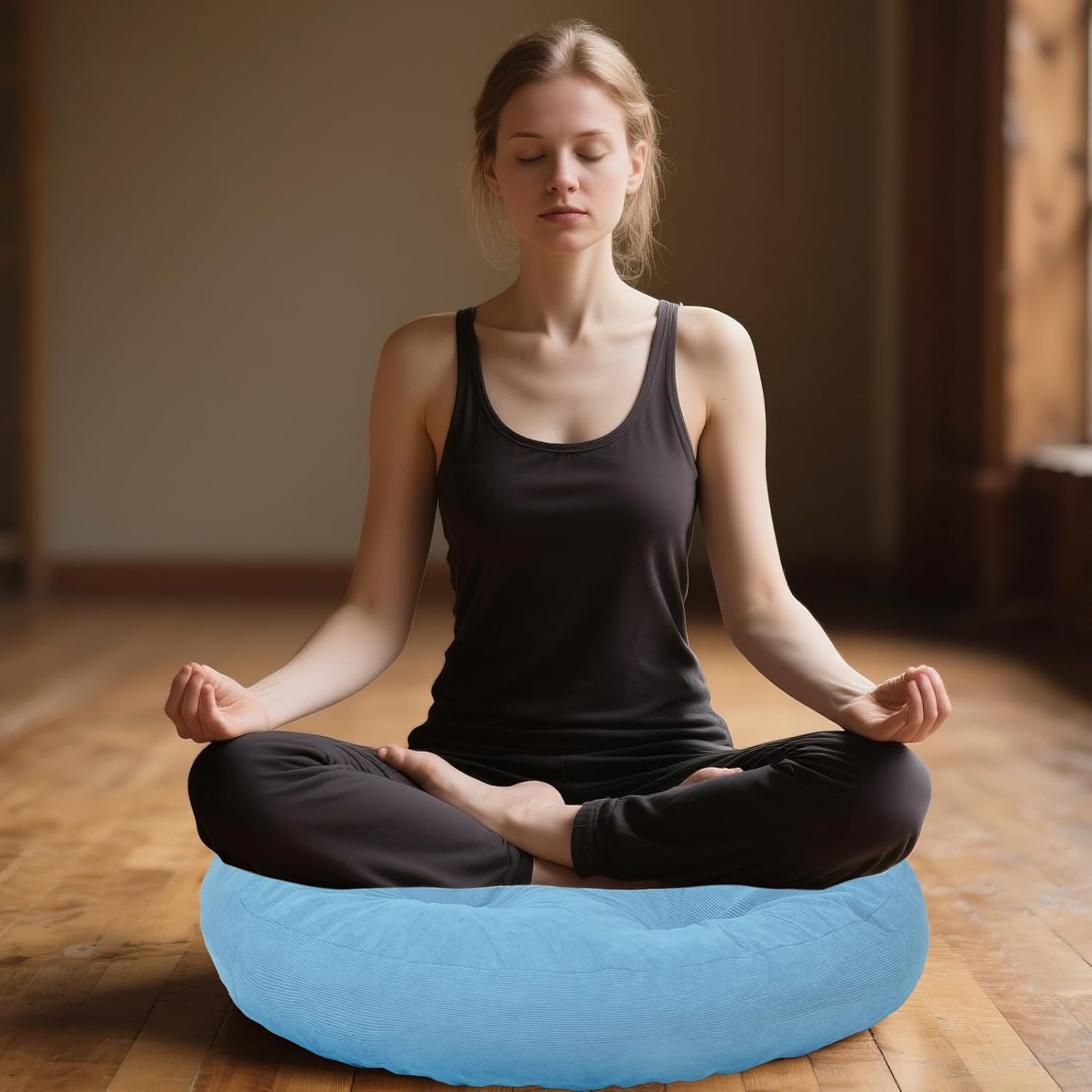 Meditation Floor Pillow Set of 2, Round Large Pillows Seating for Adults, Tufted Corduroy Cushion for Tatami Living Room, 22x22 Inch FP-Lblue-R