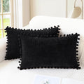 CaliTime Throw Pillow Covers Decorative 20 X 12 Inches Pack of 2 Cozy Solid Dyed Soft Chenille Cushion Cases with Pom Poms for Couch Sofa Bed Living Room Home Black