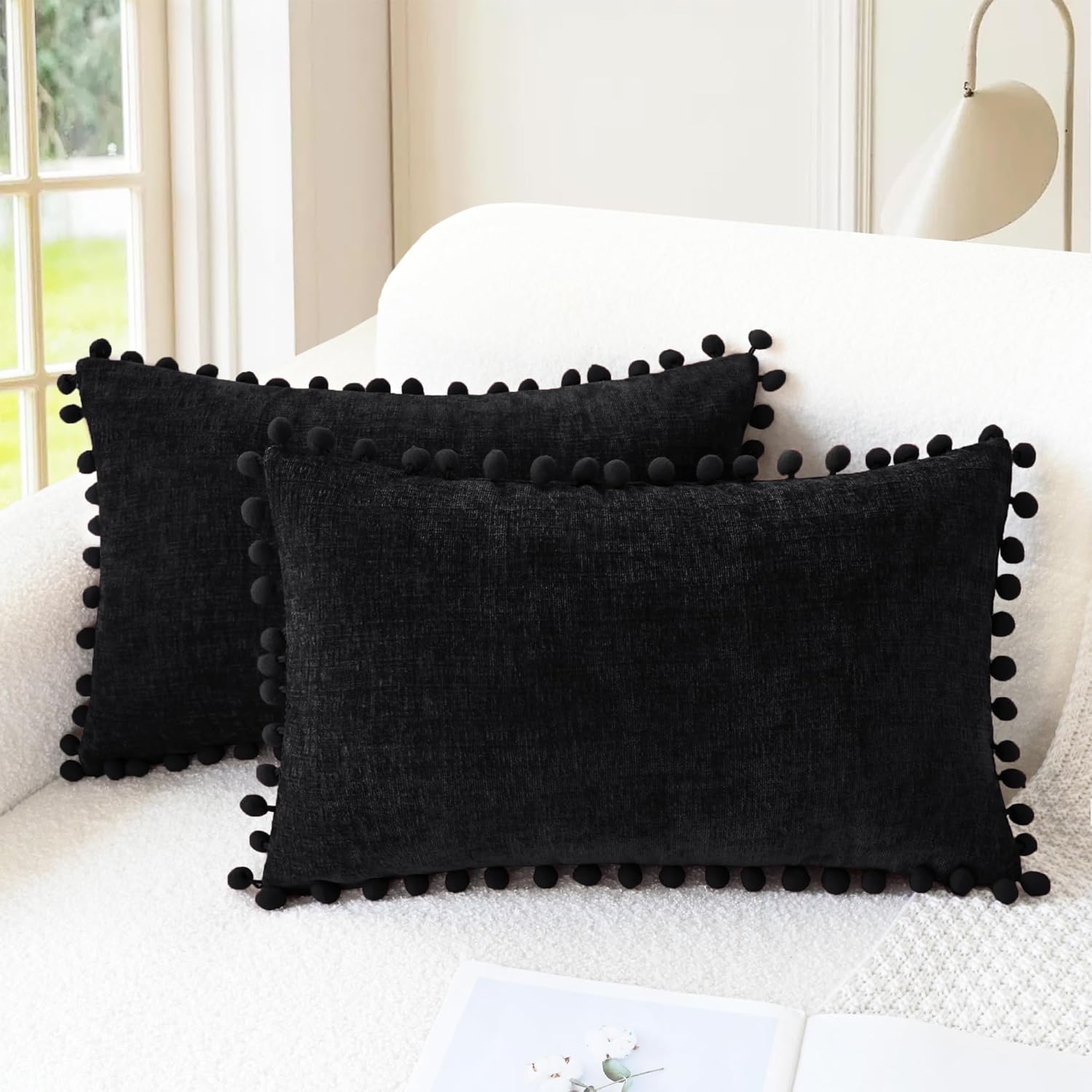 CaliTime Throw Pillow Covers Decorative 20 X 12 Inches Pack of 2 Cozy Solid Dyed Soft Chenille Cushion Cases with Pom Poms for Couch Sofa Bed Living Room Home Black