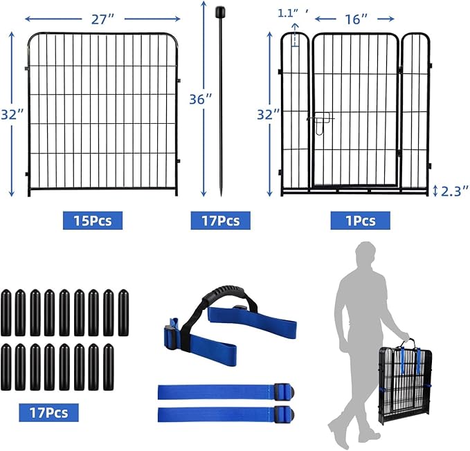 ADAVIN Garden Fence 32 in(H) x 35.4 ft(L) 16 Panels for Camping, Black Heavy Duty Iron Metal Animal Barrier Fence, Rabbit Fence for Yard, Indoor Dog Playpen, Temporary Flower Bed Fencing Border,Black