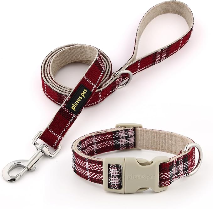 Plutus Pet Cotton Hemp Dog Collar and Leash Set, Adjustable Collar for Small, Medium, and Large Dogs, Heavy Duty and Soft on Skin, Red Plaid, XL