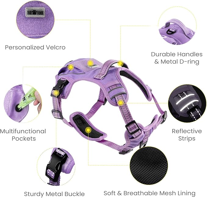 No Pull Dog Harness Medium Sized Dog for Service, Easy Walk, Training - Adjustable Reflective Dog Vest with Handle Easy Control No Choke Metal Buckled Pet Harness (Purple, Small)