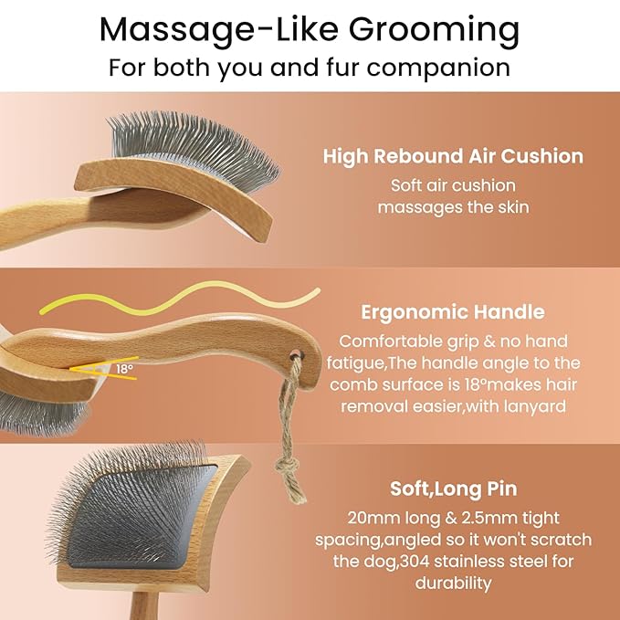 Dog Slicker Brush for Shedding,Dog Brush for Long Haired Dogs & Remove Tangles & Mats,Ergonomic Handle Grooming Like Professional,Beech Wood,L