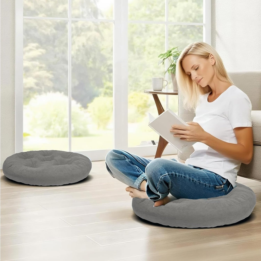 Meditation Floor Pillow Set of 2, Round Large Pillows Seating for Adults, Tufted Corduroy Cushion for Tatami Living Room, 22x22 Inch FP-Grey-R