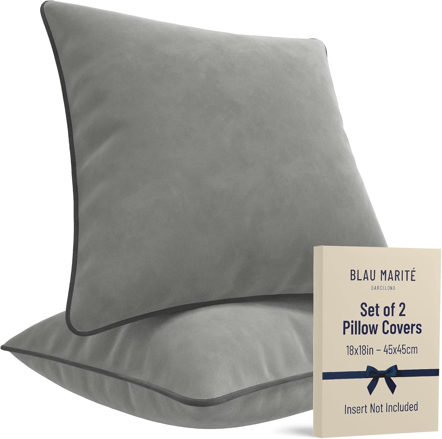 2 Pack Velvet Decorative Throw Pillow Covers, 18"x18", Dove Grey, Solid, Modern, Contrast Piping, Indoor Use, Bedroom & Living Room