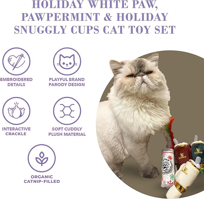 Holiday White Paw & Pawpermint Cattini + Holiday Snuggly Cups Set, Plush Cat Toys Catnip Filled with Interactive Crackle Sound, Safe & Durable Toys for Cat & Kitten, 5 Pcs