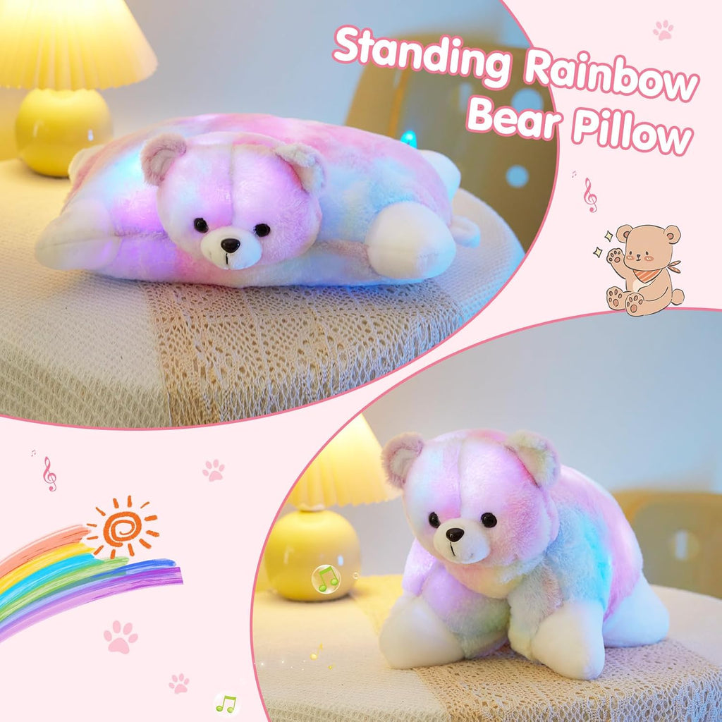 Glow Guards 15" Light up Musical Rainbow Teddy Bear Plush Pillow, Cute Stuffed Animal Soft Lovely Colorful Toy, Bedtime Sofa Decors, Christmas Birthday Children's Day Hoilday Gift for Toddler Kids