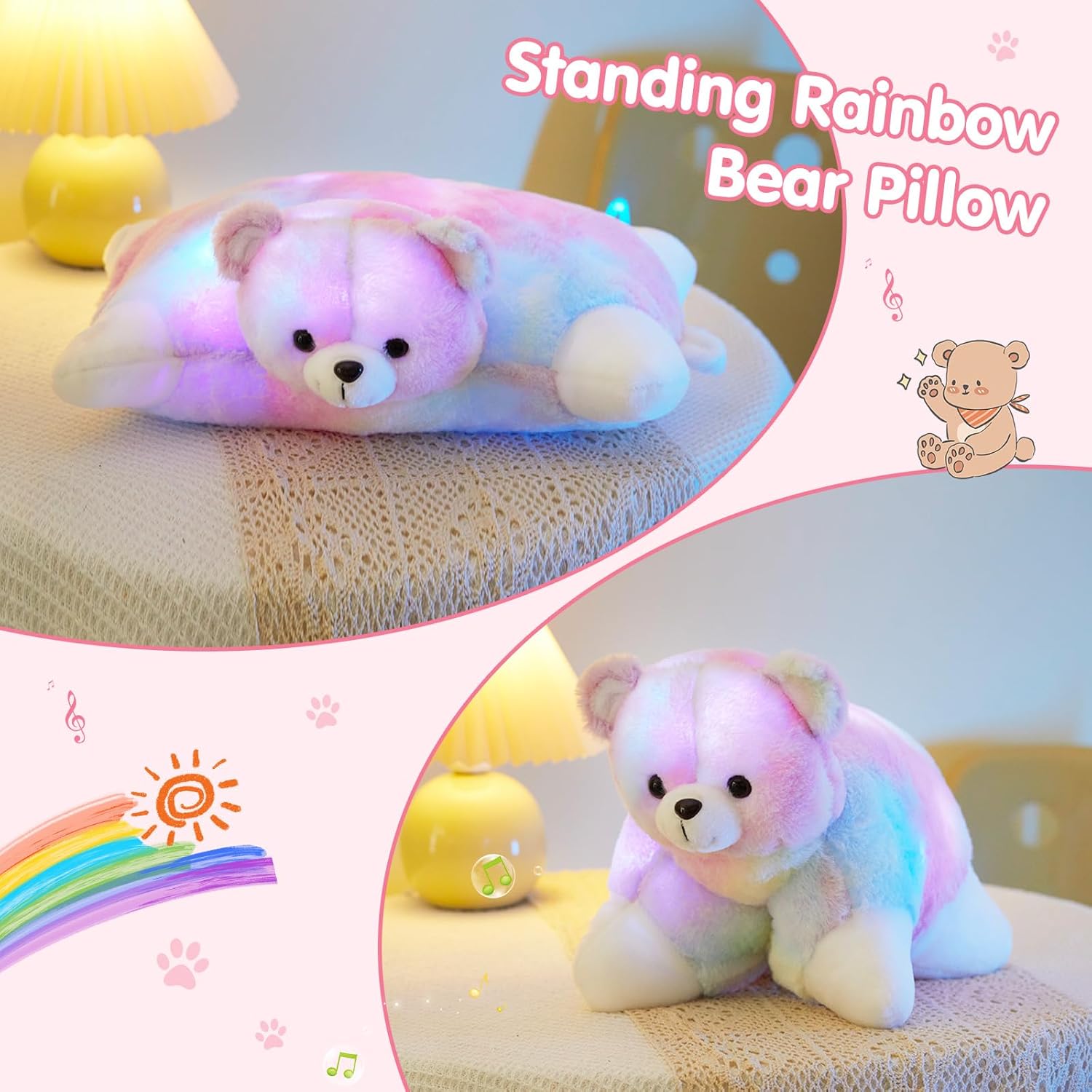 Glow Guards 15" Light up Musical Rainbow Teddy Bear Plush Pillow, Cute Stuffed Animal Soft Lovely Colorful Toy, Bedtime Sofa Decors, Christmas Birthday Children's Day Hoilday Gift for Toddler Kids