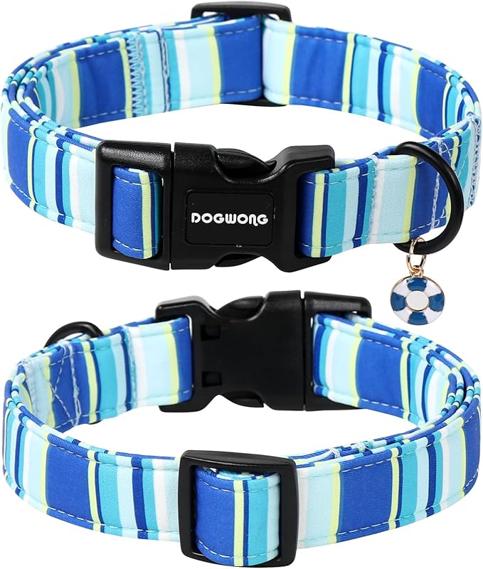 DOGWONG Blue Boy Dog Collar, Blue Stripe Dog Collar Adjustable Soft Natural Fabric Girl Pet Dog Collars Cute Boy Necklace for Small Medium Large Dogs