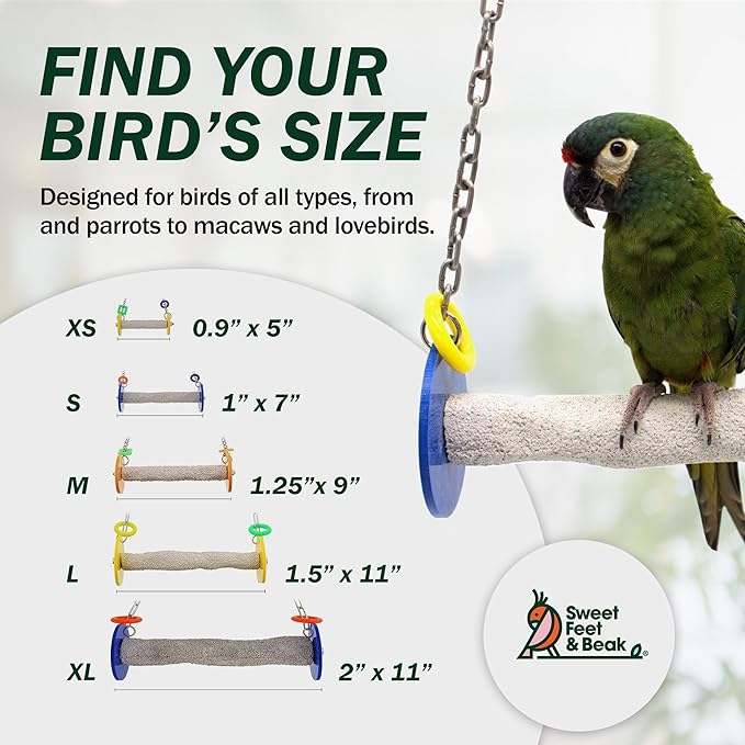 Roll Bird Swing - Pumice Perch Bird Toys Trims Nails and Beaks, Safe and Non-Toxic Bird Cage Accessories for Small and Large Birds, Swinging Toys Birds Will Love, Small 7.5 Inches