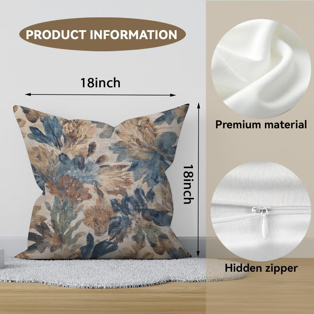 Bohemian Pillow Covers | Vintage Floral & Carpet Design | Double Sided Blue White Decorative Pillowcases for Couch, Bed | Indoor Outdoor Boho Home Decor (Blue&Brown, 18x18inches)