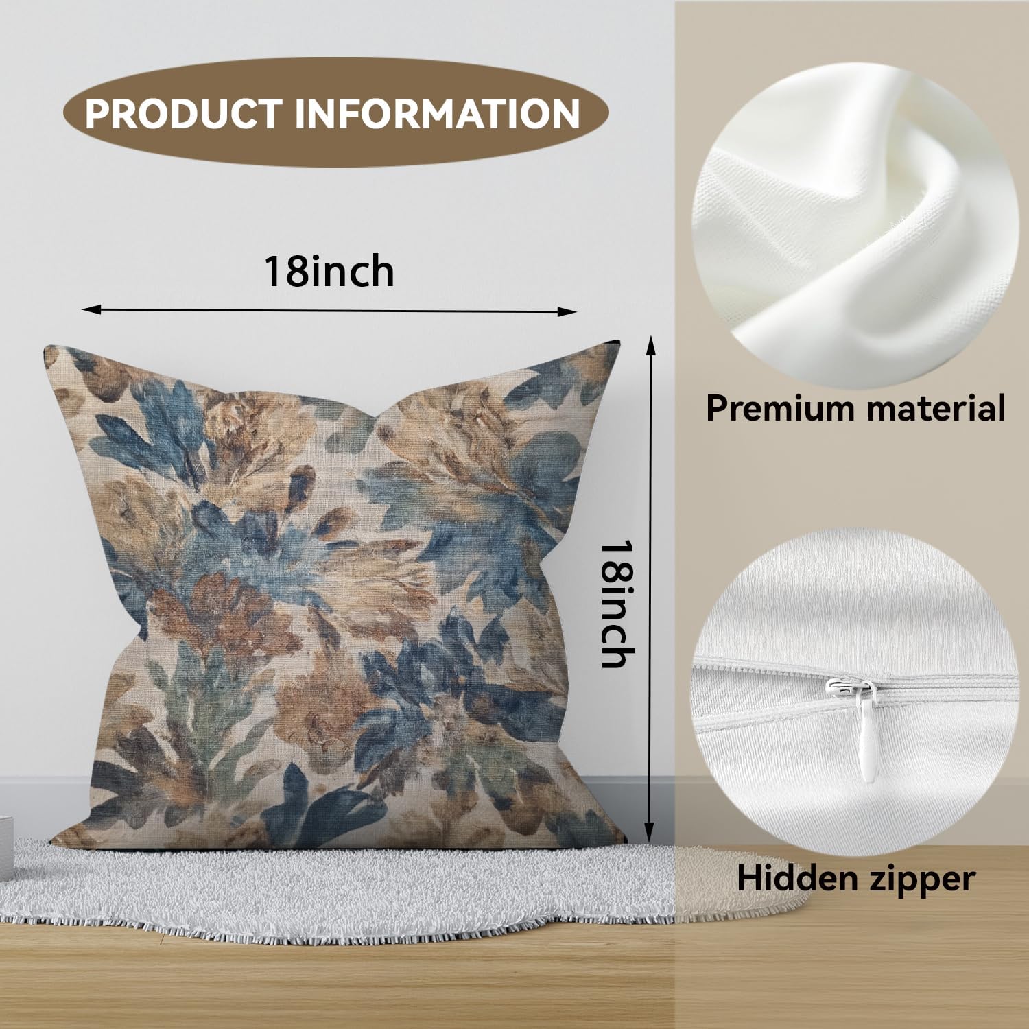 Bohemian Pillow Covers | Vintage Floral & Carpet Design | Double Sided Blue White Decorative Pillowcases for Couch, Bed | Indoor Outdoor Boho Home Decor (Blue&Brown, 18x18inches)