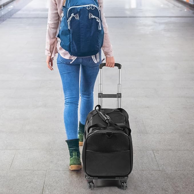 Airline Approved Pet Carrier with Wheels, Rolling Soft Sided Dog Cat Travel Bag, Premium Fashion Leather Small Pet Carrier Purse for Puppies and Cats Black