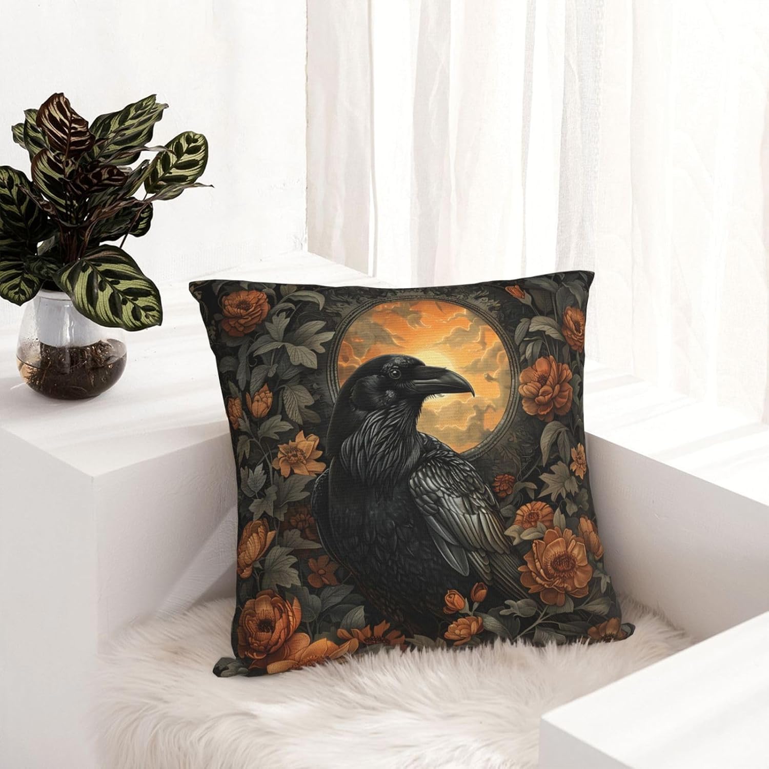 Mystical Raven Art Print Decor, William Morris Abstract Vintage Floral Design 20x20 inches Throw Pillow Covers Square Pillowcases Decor for Bed Couch Sofa Room Cushion Covers