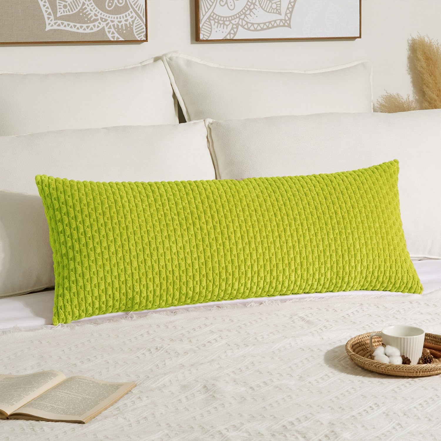 Kevin Textile 14x36 Inch Long Lumbar 1 Pack Boho Decorative Throw Pillow Cover Soft Striped Corduroy Rectangle Cushion Case Farmhouse Accent for Living Room Couch Sofa Bed, Christmas Green