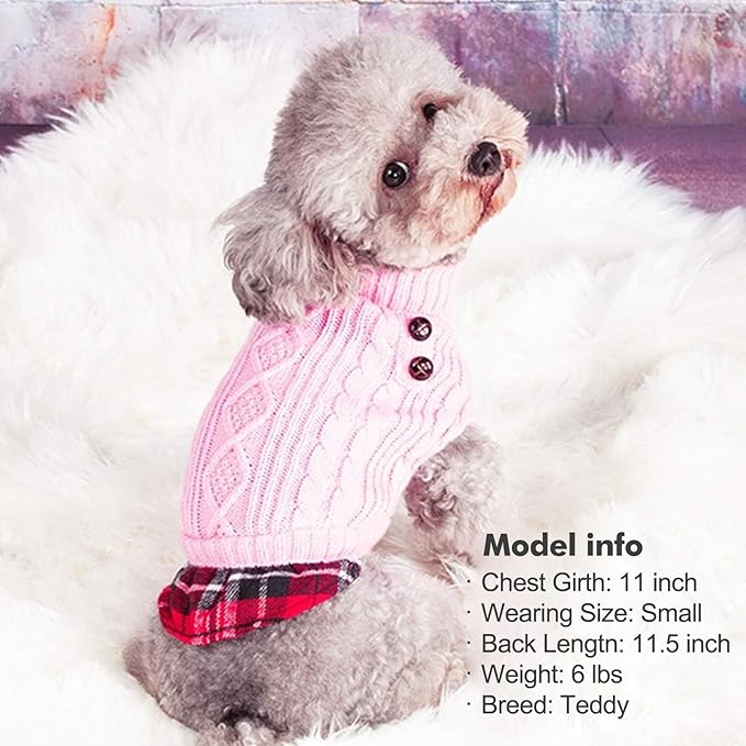 KYEESE Dog Sweater Stretchy Knitwear Cat Clothes Soft Pullover Dog Sweaters for Small Dogs Girl Thick Pet Coat for Fall Winter Cold Weather Warm Turtleneck Small Dogs Sweater with Gingham Patchwork