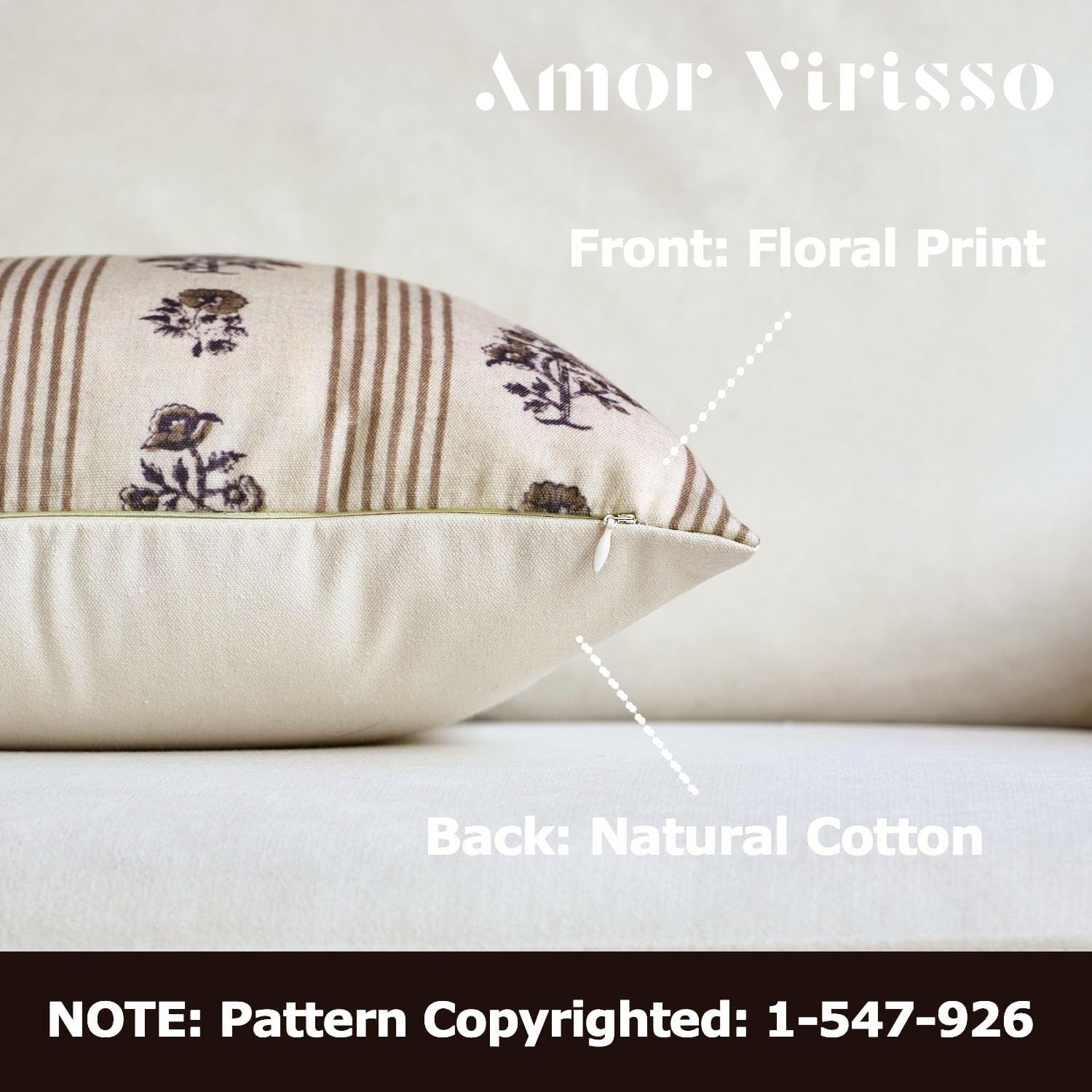 Amor Virisso Floral Throw Pillow Covers 18x18 Set of 2 Block Print Pillow Covers Neutral Floral Striped Farmhouse Decorative Pillow Covers for Sofa Couch Bed, Brown