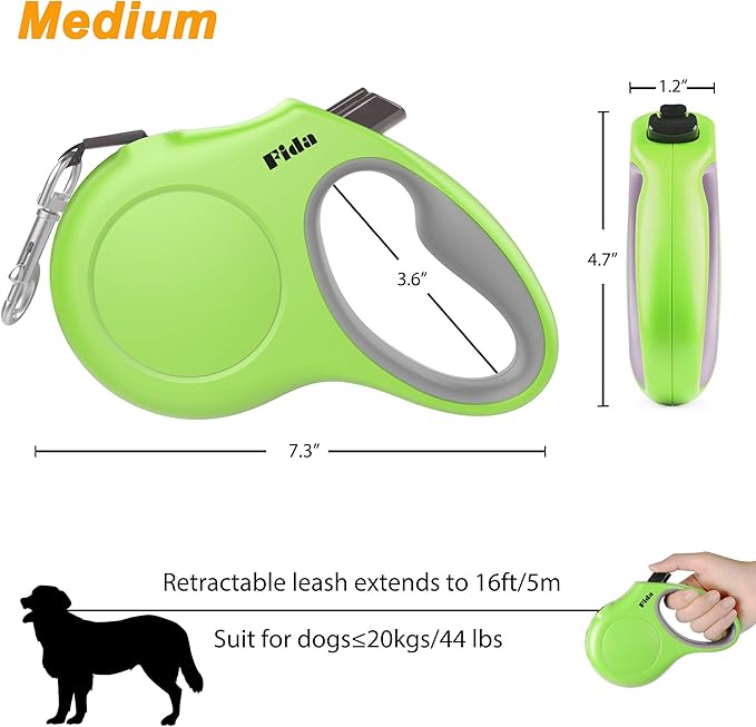Fida Retractable Dog Leash for Medium Breed up to 44 lbs, 16 ft Pet Walking Leash with Dispenser and Poop Bags, Anti-Slip Handle, Reflective Strong Nylon Tape, One-Handed Brake (M, Green)