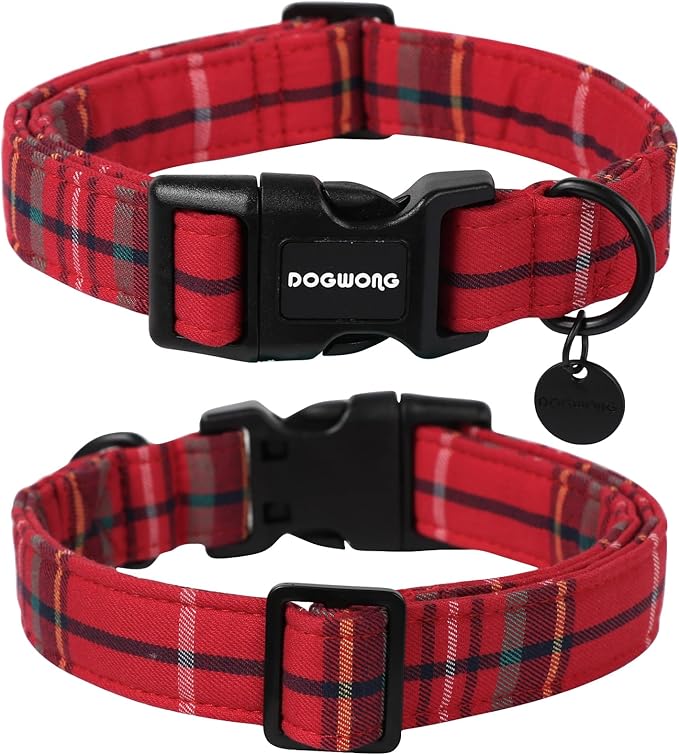 DOGWONG Christmas Cotton Dog Collar, Heavy-Duty Red Plaid Dog Collar Durable Soft Fabric Pet Dog Collars Cute Christmas Red Grid Puppy Necklace for Medium Large Dogs,M