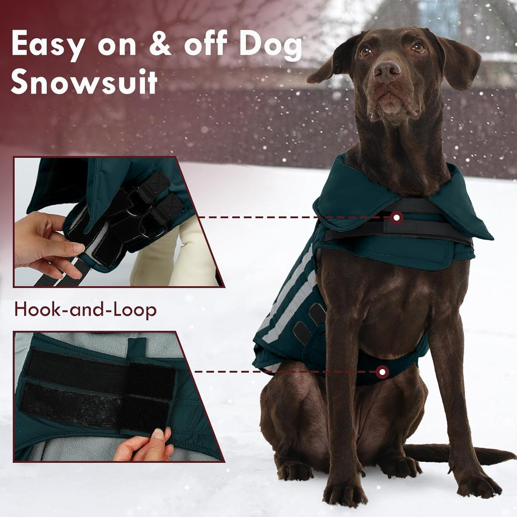 Dog Jacket for Large Dogs Winter Coat with Harness Hole Waterproof Reflective Turtleneck Snowsuit Adjustable Hook & Loop Cold Weather Coats for Dogs Border Collie Pitbull, Green 2XL