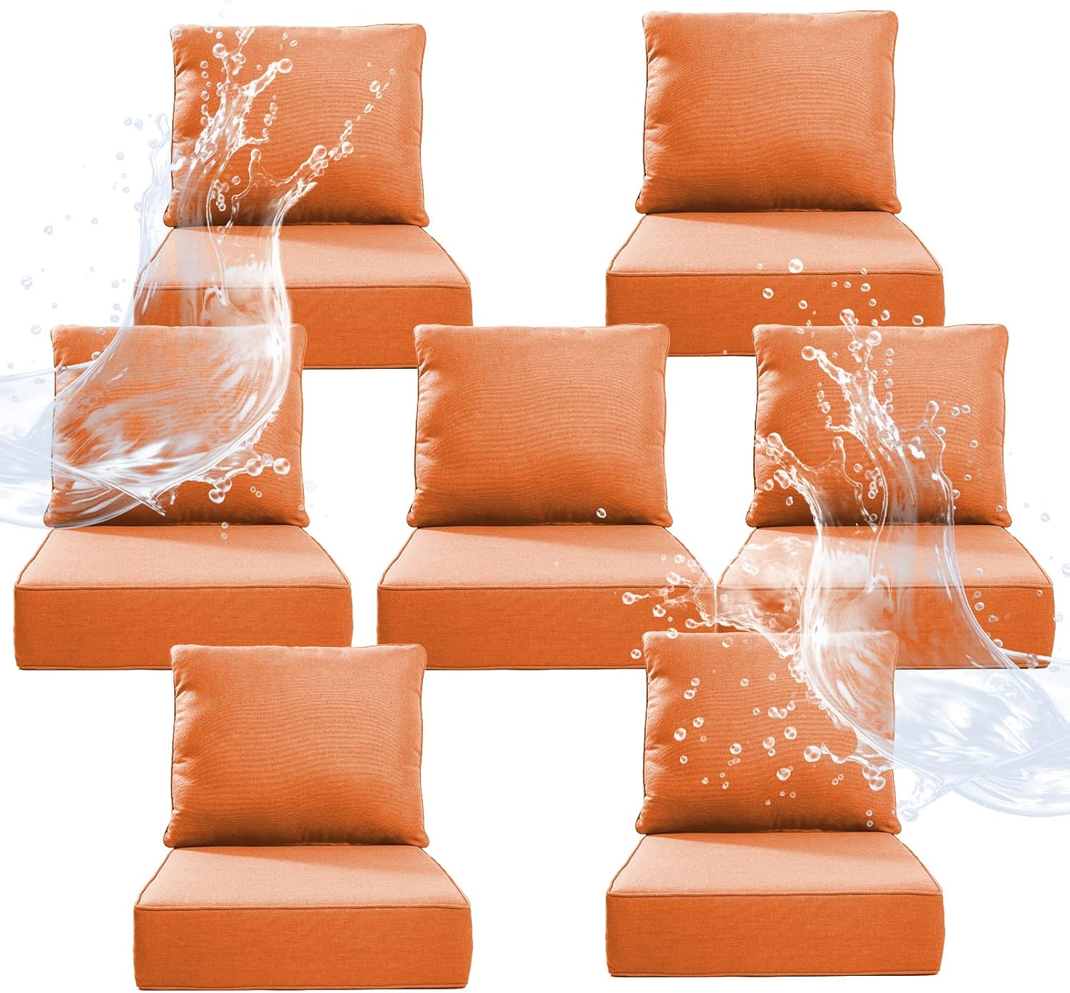 6" Thicker Outdoor Chair Cushion 7 Sets - 24" *24" *6" Waterproof Patio Furniture Cushions with Removable Cover, 28D High Density Sponge Filling Thicken Outdoor Patio Cushions - Orange