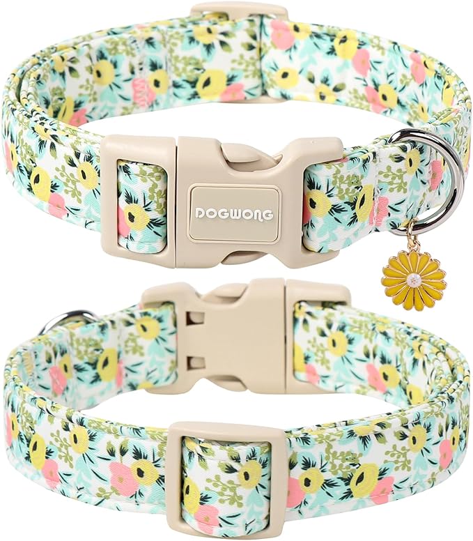 DOGWONG Flower Cotton Dog Collar, Spring Summer Cute Yellow Dog Collar Durable Soft Fabric Pet Dog Collars Female Girl Necklace for Small Medium Large Dogs