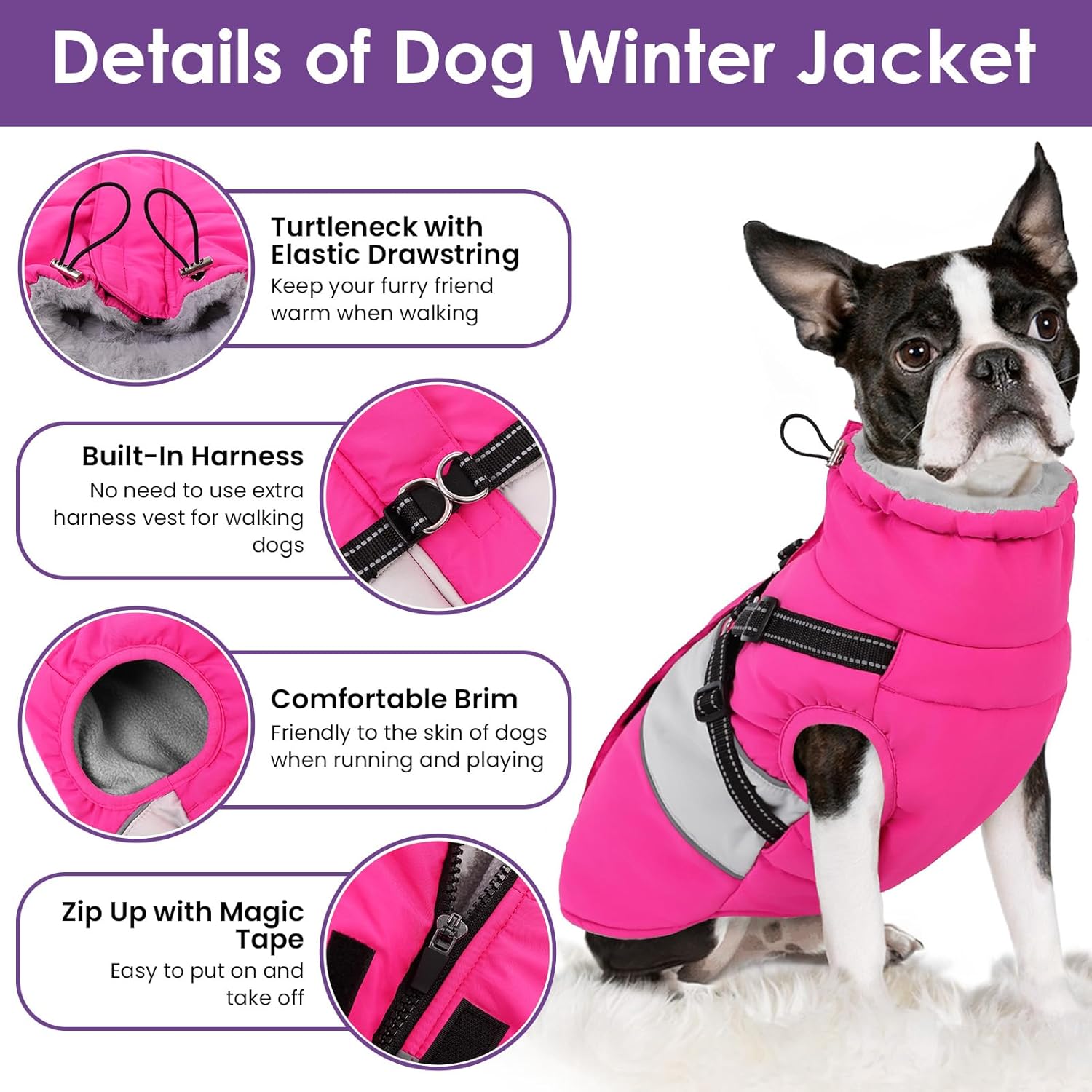SUNFURA Dog Jacket, Large Dog Coat with Harness Built in, Warm Pet Winter Jacket Zippered Snow Coat with Furry Collar, Waterproof Fleece Snowsuit for French Bulldog, Hot Pink L