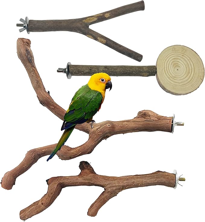 Allazone 4 PCS Natural Wood Bird Perch Stand, Bird Parrot Perch Stand Set, Wooden Parrot Perch Stand Perch Platform Cage Accessories for Parrotlets Cockatiels Budgies Parakeets