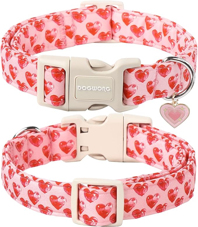 DOGWONG Valentine Dog Collar- Cute Pink Heart Dog Collars Adjustable Durable Designer Valentine’s Day Dog Collar for Small Medium Large Dogs S