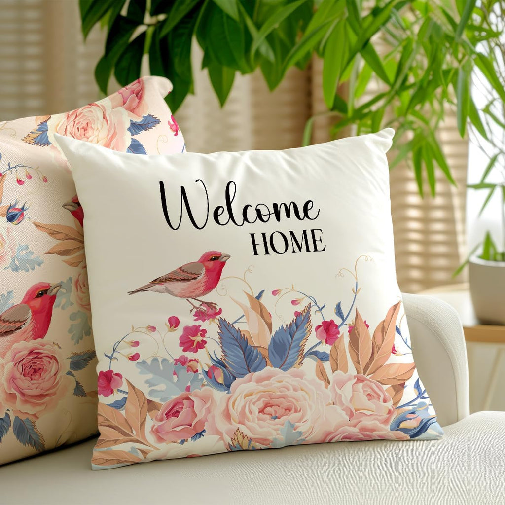 2 Pcs Pink Rose Bird Decorative Throw Pillow Cover, Vintage Natural Flower Bouquet Art Design Square Pillowcases for Couch Sofa Bed Bedroom Apartment Dorm Living Room Office Home Decor