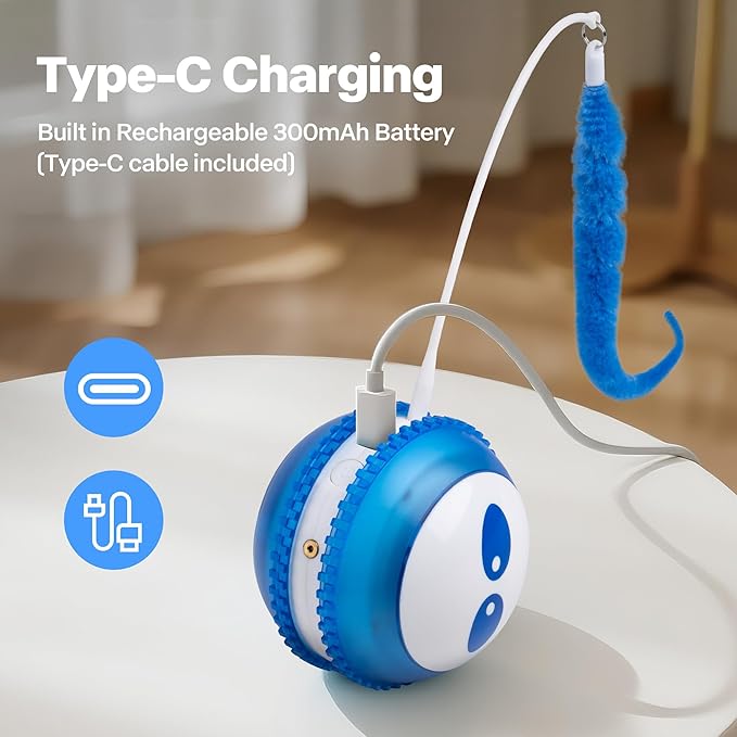 Pet Prime Interactive Cat Toy Motion Activated Cat Laser Toy Automatic Self Moving Ball with Bird Chirping,Rechargeable Exercise Stimulation Toys for Bored Blue