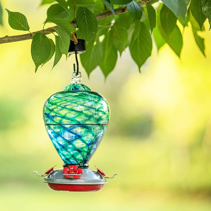 Hummingbird Feeders, 34OZ Hand Blown Glass Hummingbird Feeder for Outdoors Hanging with Ant MoatHooks, Perfect for Gardening Yard Patio Decor Gifts (Blue Mermaid)