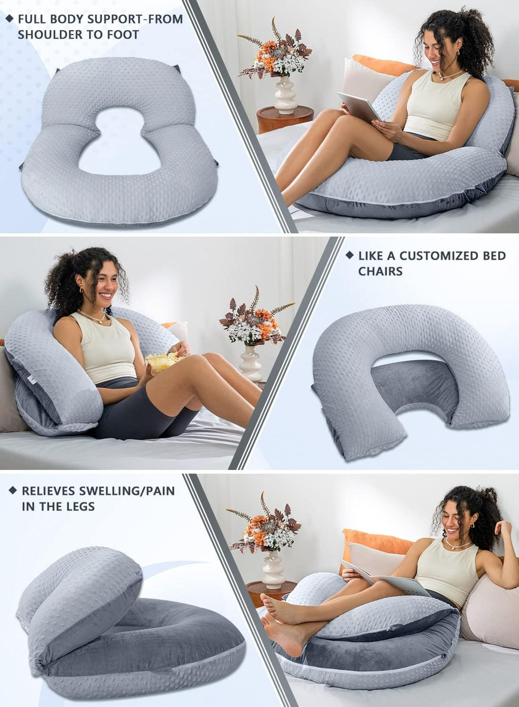 INSEN Reading Pillow, Back Pillow for Sitting in Bed and Couch, Gaming Pillow for Adults, Sit Up Support for Bed, Grey Bubble Velvet