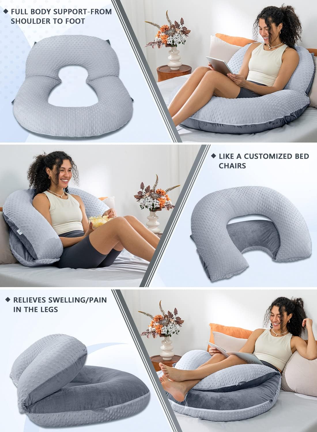 INSEN Reading Pillow, Back Pillow for Sitting in Bed and Couch, Gaming Pillow for Adults, Sit Up Support for Bed, Grey Bubble Velvet