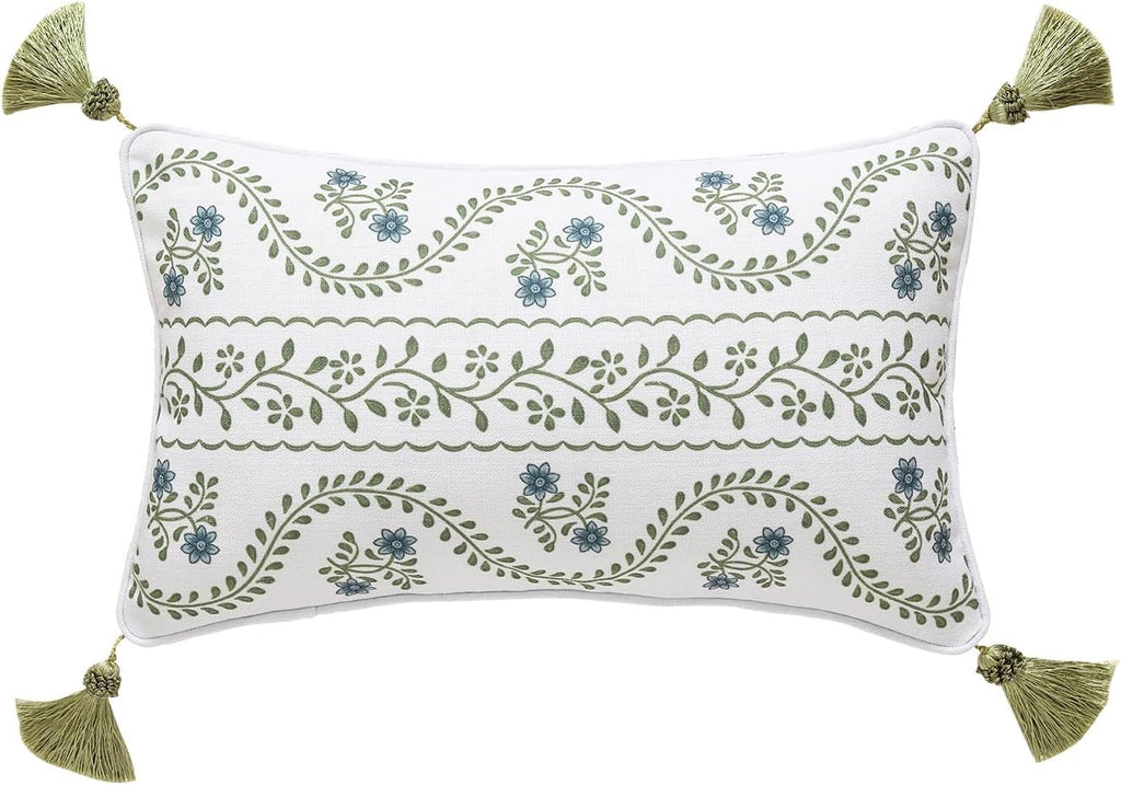 ISAENNE Design Fresh Linen Rectangle Throw Pillow Covers 12"x20", French White Cottage Cushion Covers with Green Branches Pattern Decoration Pillowcases for Bed,Living Room,Outdoor,Car