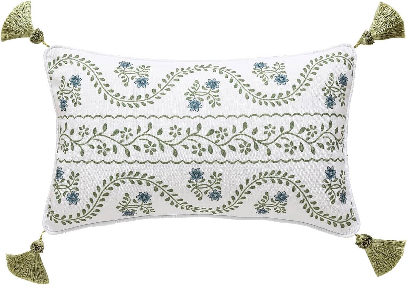 ISAENNE Design Fresh Linen Rectangle Throw Pillow Covers 12"x20", French White Cottage Cushion Covers with Green Branches Pattern Decoration Pillowcases for Bed,Living Room,Outdoor,Car