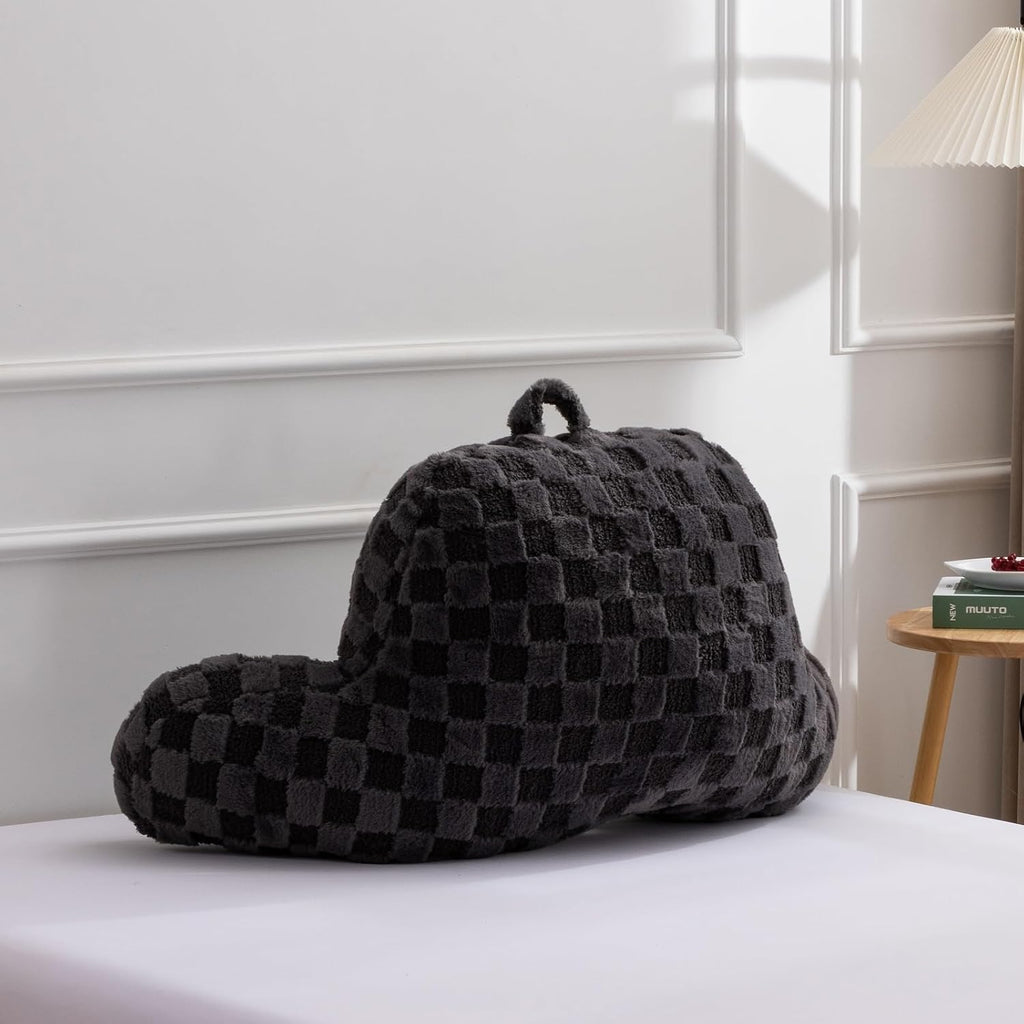 A Nice Night Faux Fur Reading Pillow,Checkered Fluffy Grid Plaid,Bed Wedge Pillow Large Adult Children Backrest with Arms for Bedrest,Darkgrey