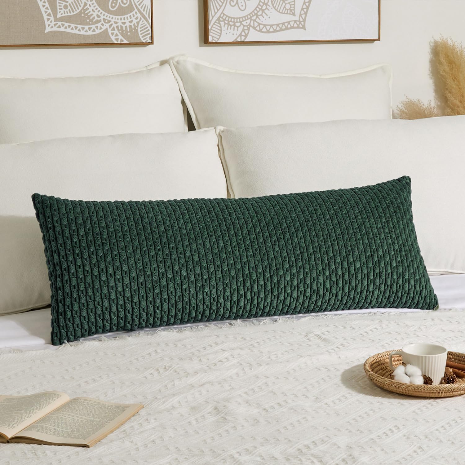 Kevin Textile 20x54 Inch Long Body Lumbar 1 Pack Boho Decorative Throw Pillow Cover Soft Striped Corduroy Rectangle Cushion Case Farmhouse Accent for Living Room Couch Sofa Bed, Army Green